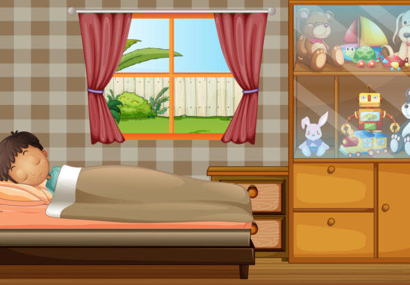 Sunlit bedroom window with the curtains drawn back