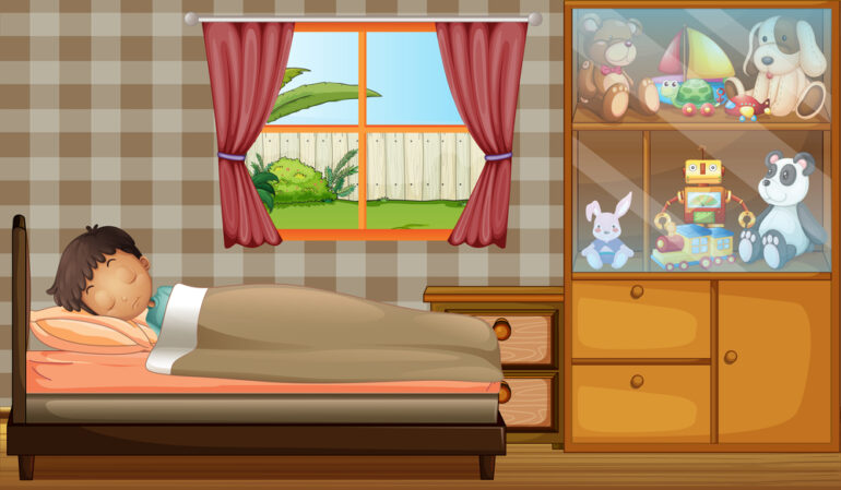 Sunlit bedroom window with the curtains drawn back